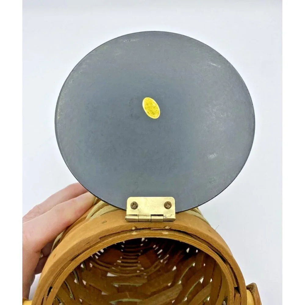 Sunflower Basket 3.75”x4.5” Handle Hinged Lid Woven Round Yellow Trinket Holder